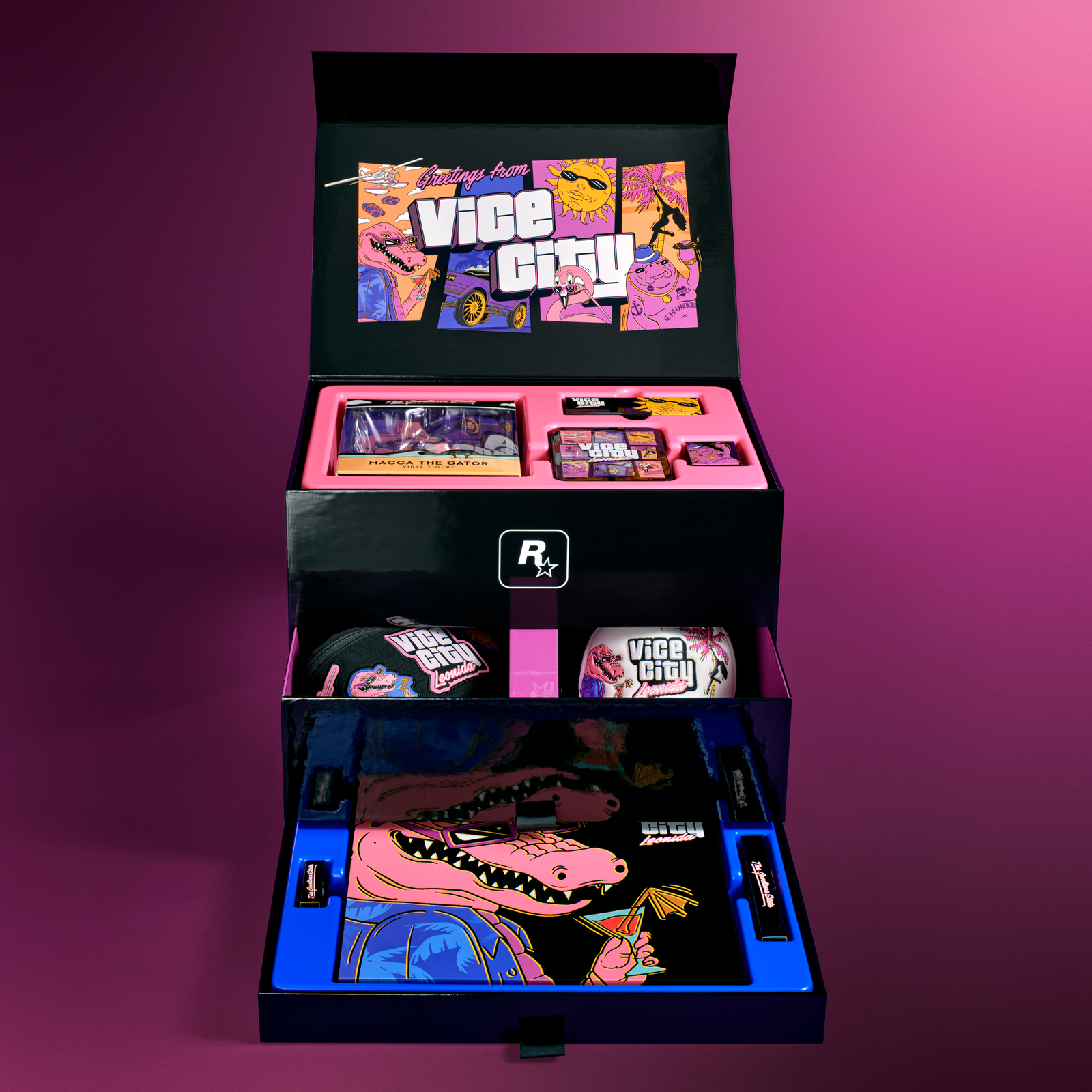 Caixa colecionadora The Goodtime State Vice City Collection de GTA VI aberta, mostrando boné, óculos, chaveiro e outros itens temáticos