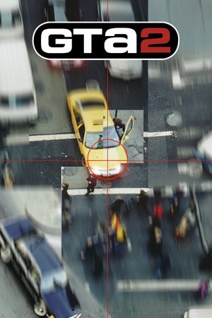 Arte oficial de Grand Theft Auto II com o logo GTA II sobre uma cena de rua vista de cima