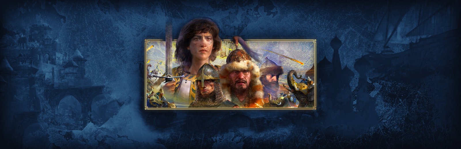 Arte oficial de Age of Empires IV com personagens medievais em destaque
