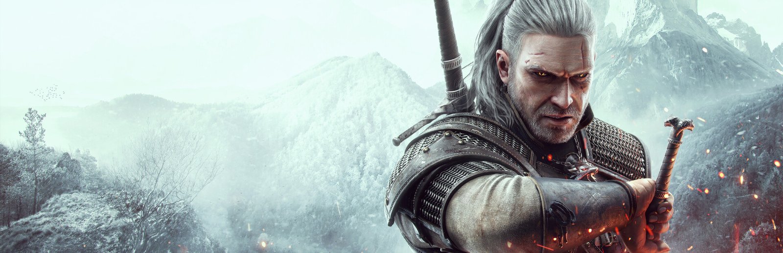 Geralt de Rívia empunhando a espada em arte oficial de The Witcher 3: Wild Hunt