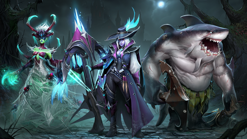 Arte oficial do evento Trove of Terror de Dota 2, mostrando Drow Ranger, um set de terror e a Arcana de Megalodon do Tidehunter